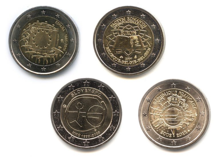 4 памятные монеты Евросоюза номиналом €2 (общие для всех стран ЕС)